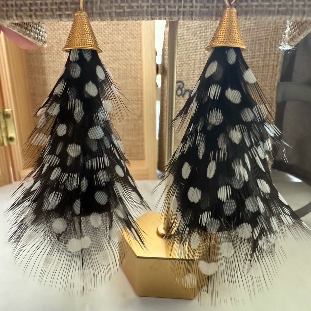 Gold Top Black & White Feather Drop Earrings - Picture 7 of 12